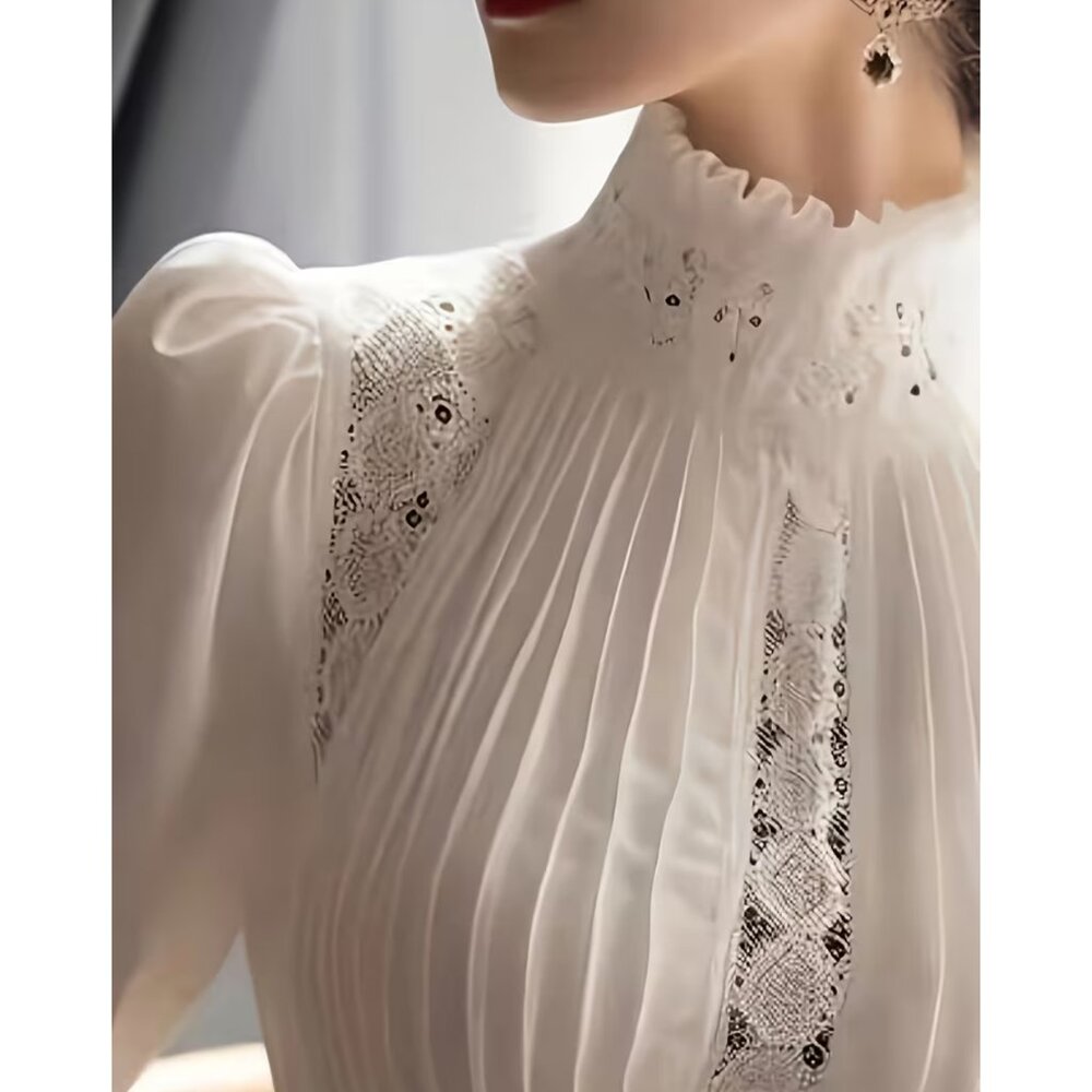 Top Victorian Style Long Puff Sleeve Stand-Up Collar Pleated Bodice Lace Insets - Picture 3 of 6